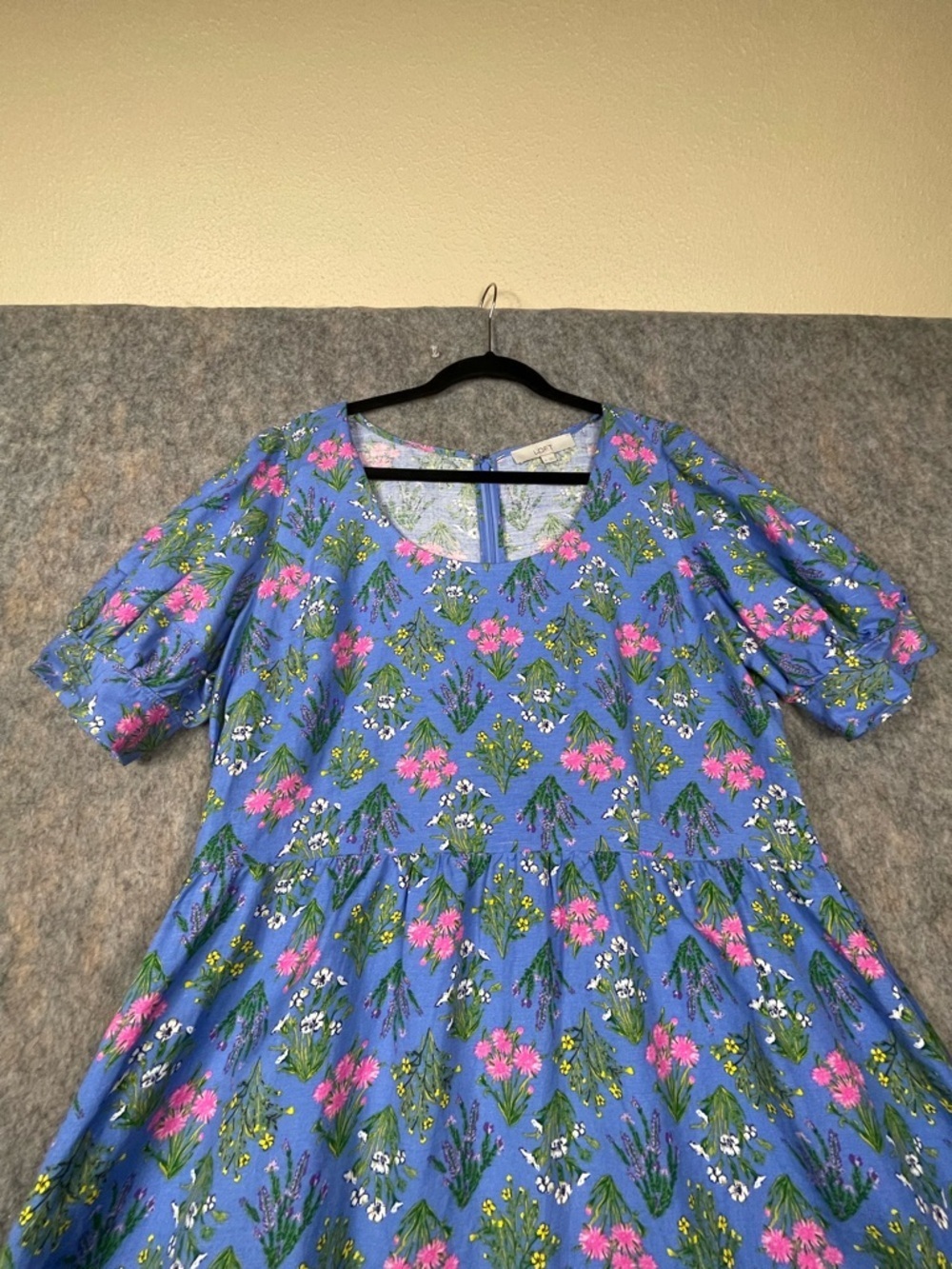 LOFT Linen Periwinkle Floral Print Puff Sleeve Mini BabyDoll A-Line Dress Sz 14 - Picture 4 of 16